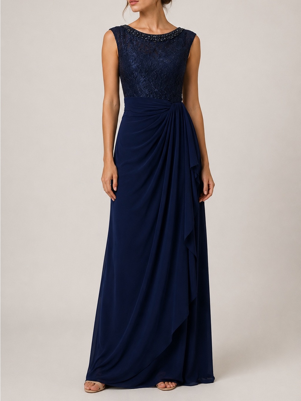 Blue Sage Navy Lace Bodice Draped Maxi Gown Elegant Formal Dress size 6